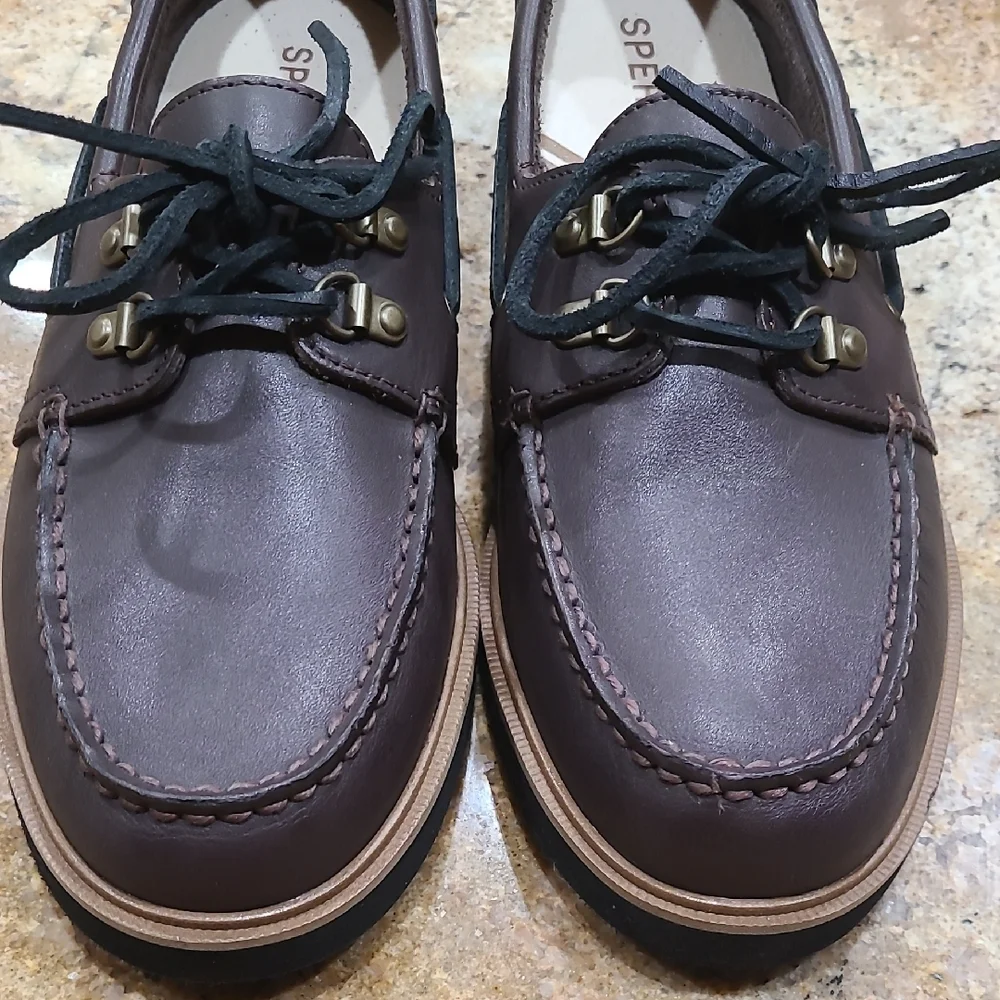 Sperry‎ Brown Black Authentic 2-eye Leather Boat Shoes With Moccasin Stitching
